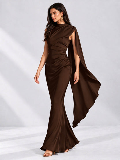 High Neck Mermaid Satin Lace Up Back Wedding Guest Dress with Cape