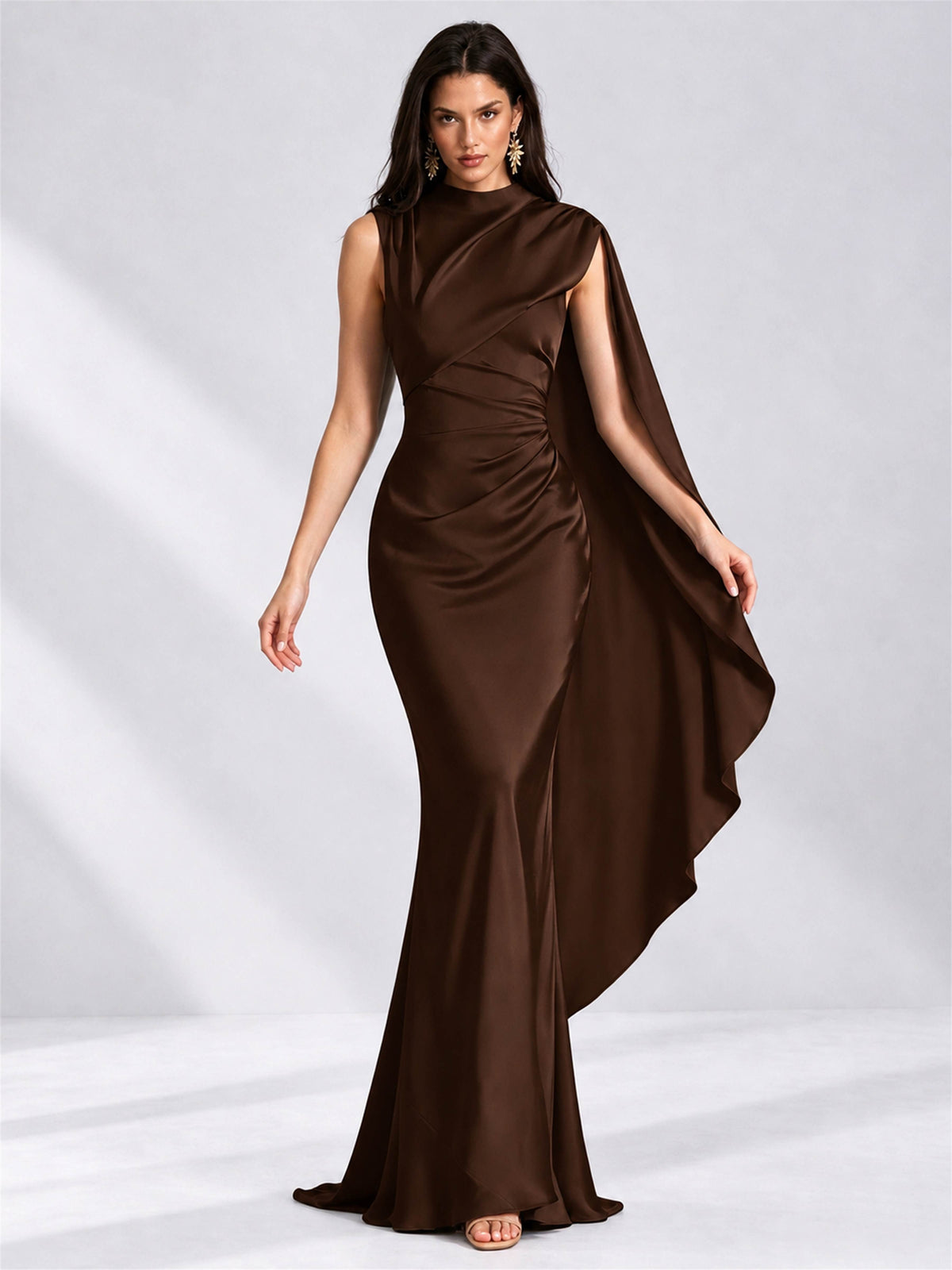 High Neck Mermaid Satin Lace Up Back Wedding Guest Dress with Cape