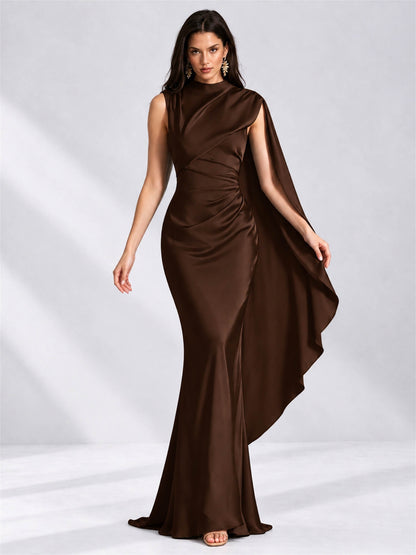 High Neck Mermaid Satin Lace Up Back Wedding Guest Dress with Cape