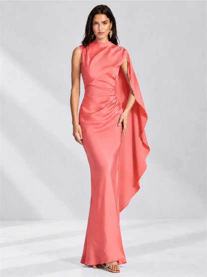 High Neck Mermaid Satin Lace Up Back Wedding Guest Dress with Cape