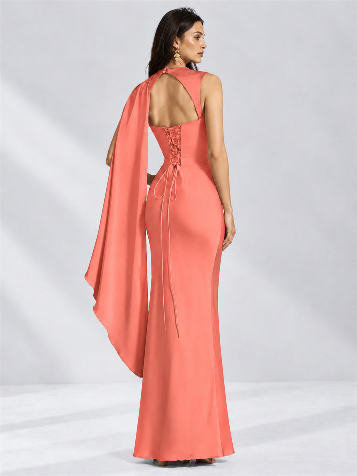 High Neck Mermaid Satin Lace Up Back Wedding Guest Dress with Cape