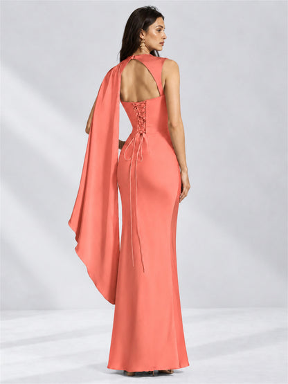 High Neck Mermaid Satin Lace Up Back Wedding Guest Dress with Cape