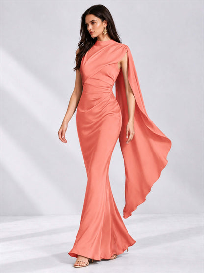 High Neck Mermaid Satin Lace Up Back Wedding Guest Dress with Cape
