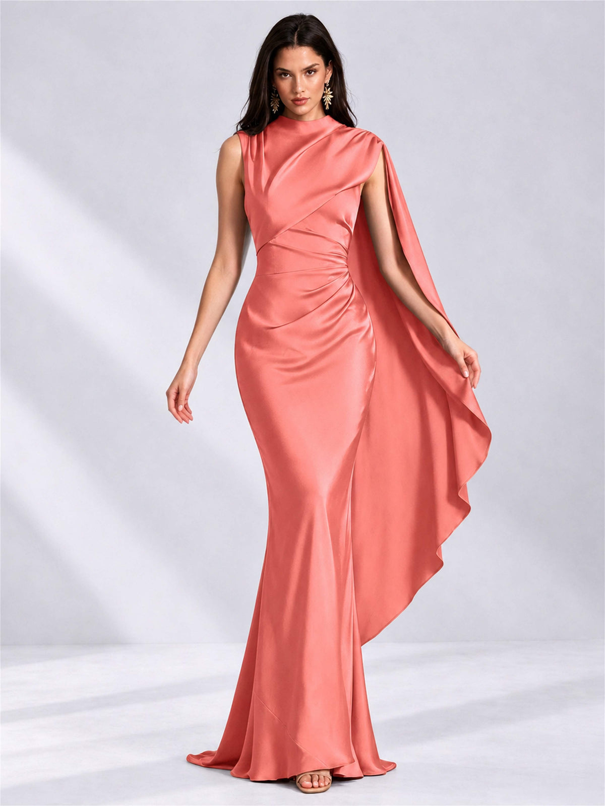 High Neck Mermaid Satin Lace Up Back Wedding Guest Dress with Cape