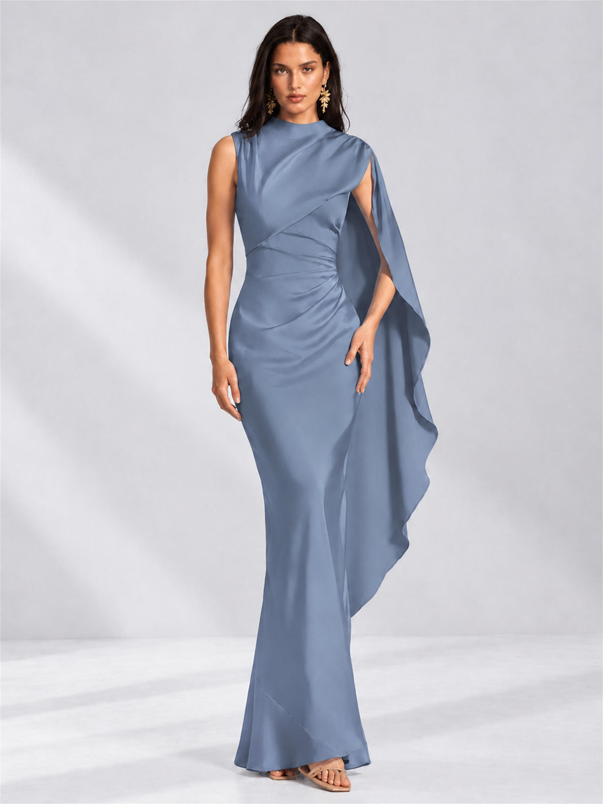 High Neck Mermaid Satin Lace Up Back Wedding Guest Dress with Cape