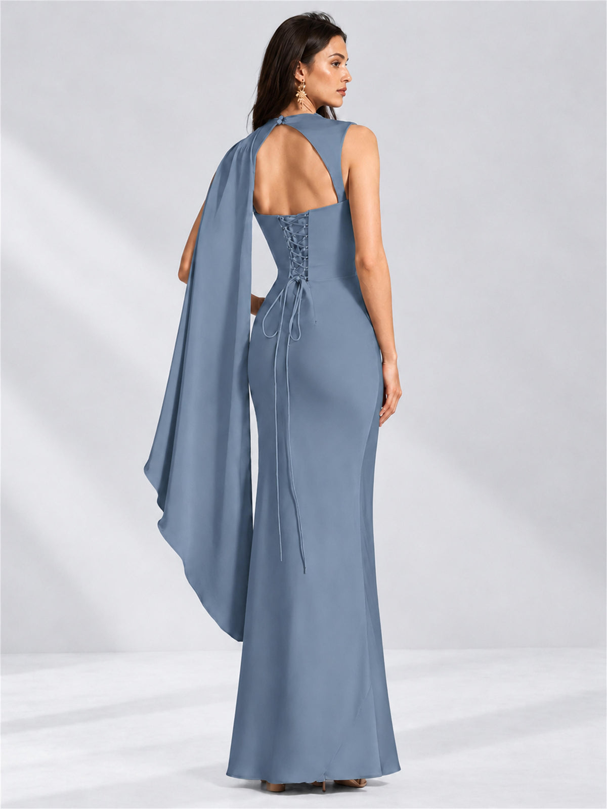 High Neck Mermaid Satin Lace Up Back Wedding Guest Dress with Cape