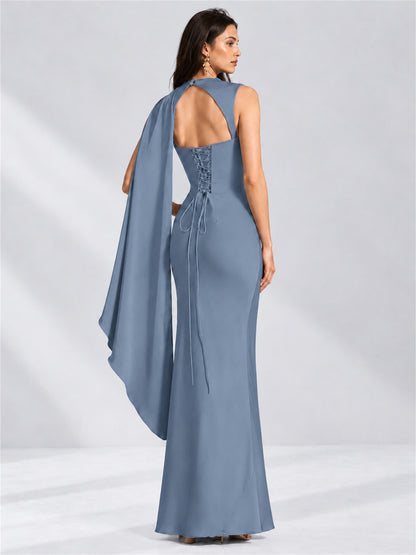 High Neck Mermaid Satin Lace Up Back Wedding Guest Dress with Cape