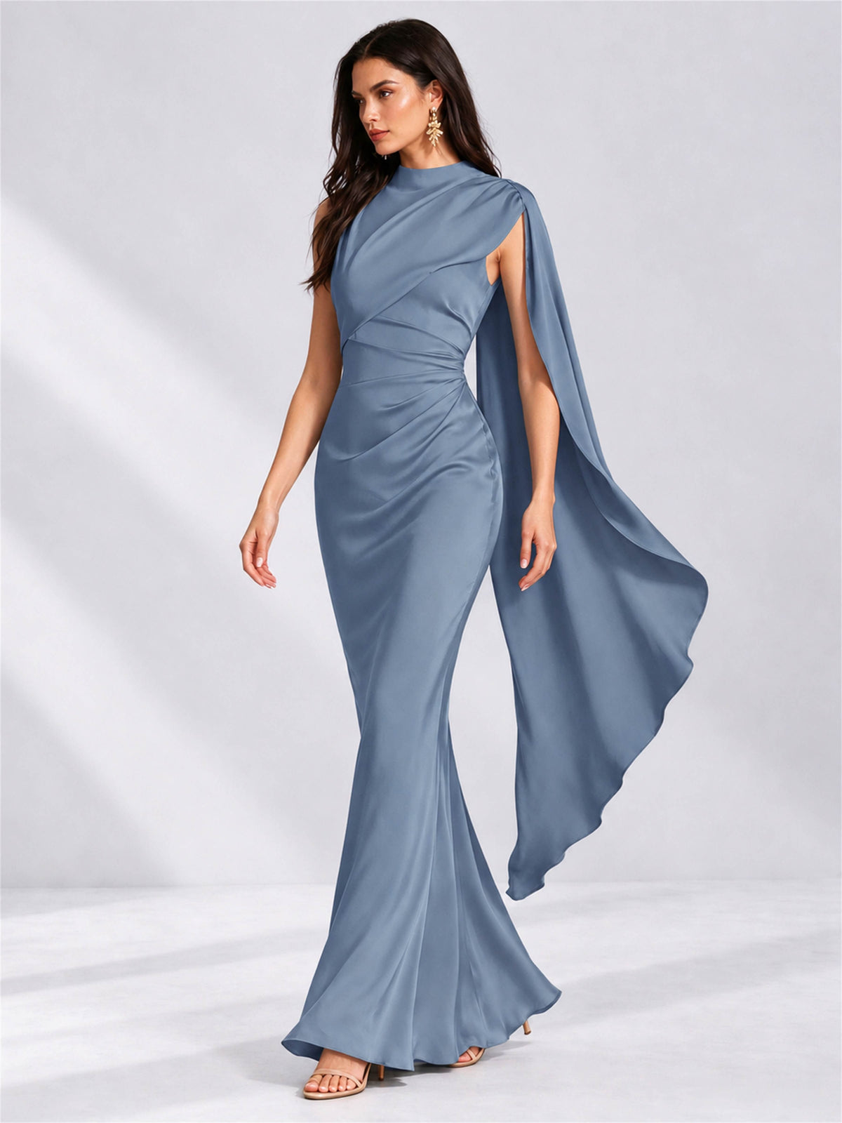 High Neck Mermaid Satin Lace Up Back Wedding Guest Dress with Cape