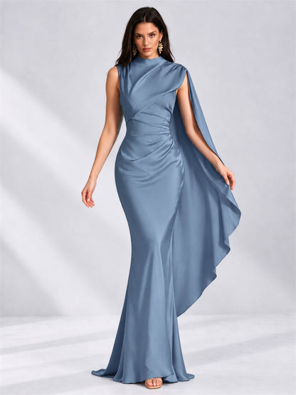 High Neck Mermaid Satin Lace Up Back Wedding Guest Dress with Cape