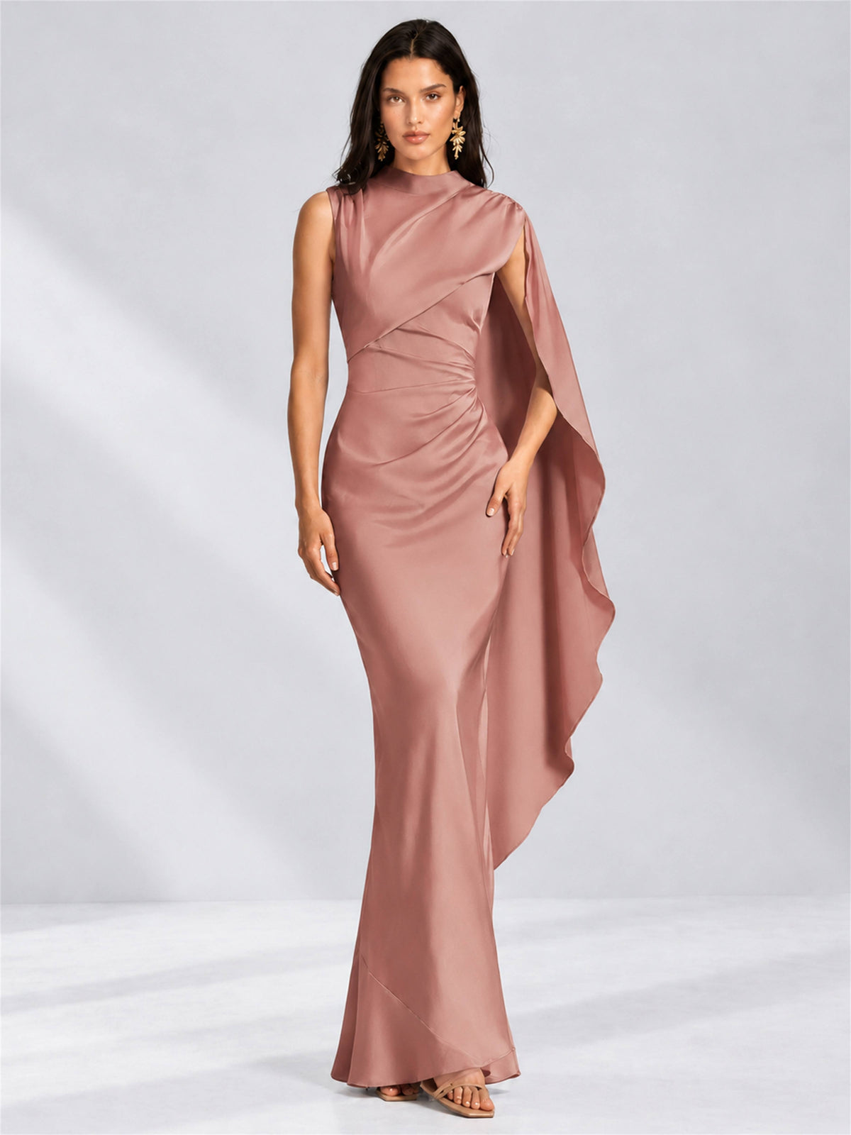 High Neck Mermaid Satin Lace Up Back Wedding Guest Dress with Cape