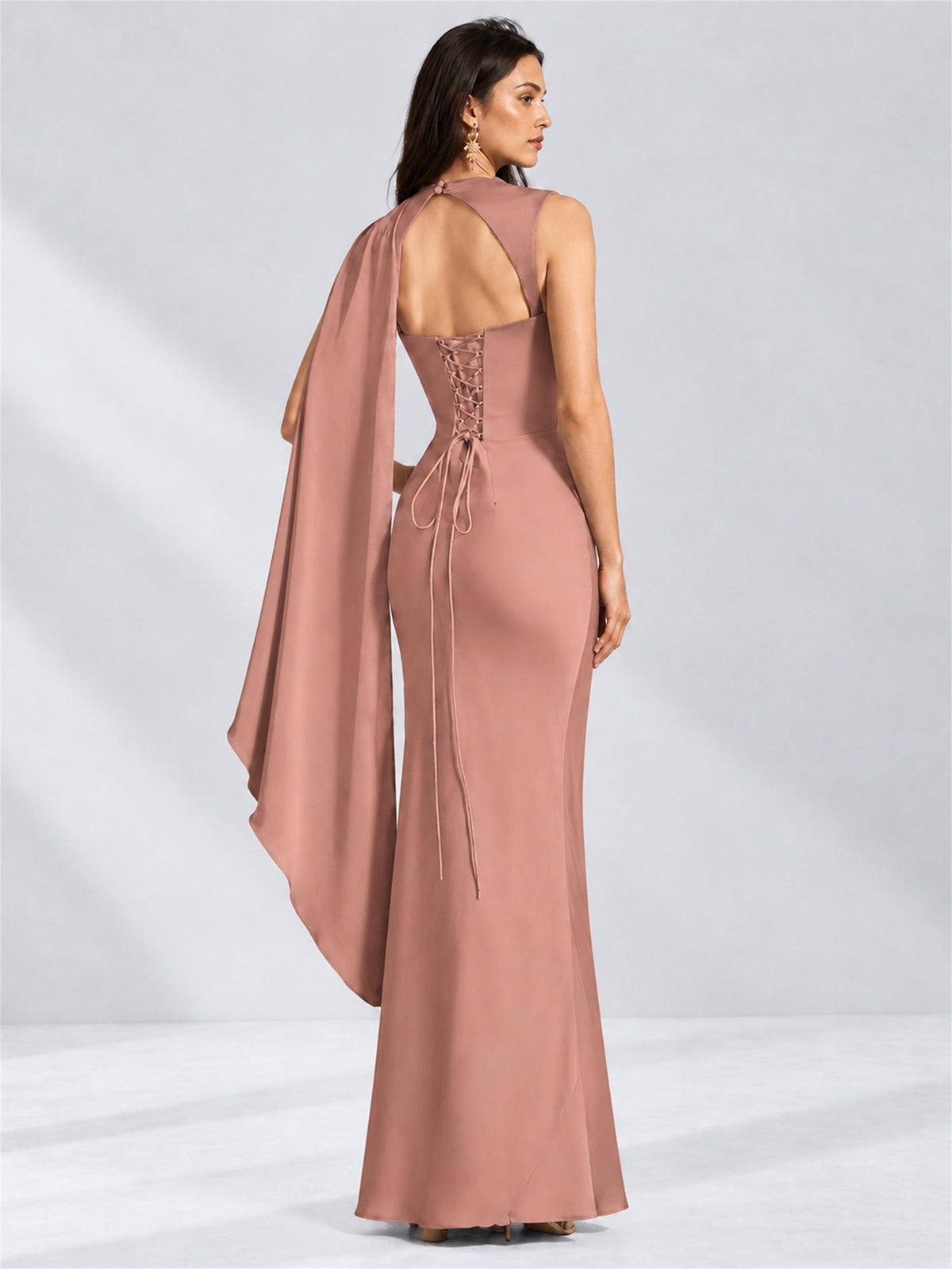 High Neck Mermaid Satin Lace Up Back Wedding Guest Dress with Cape