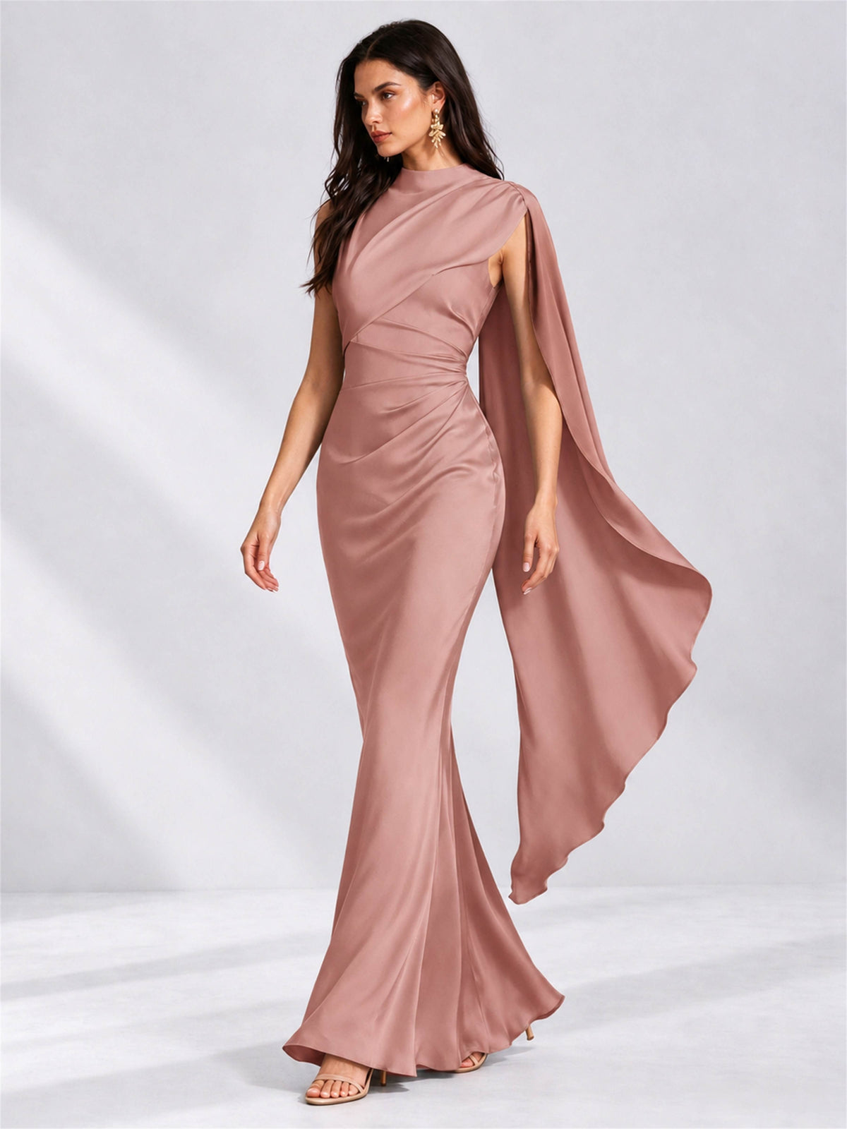 High Neck Mermaid Satin Lace Up Back Wedding Guest Dress with Cape