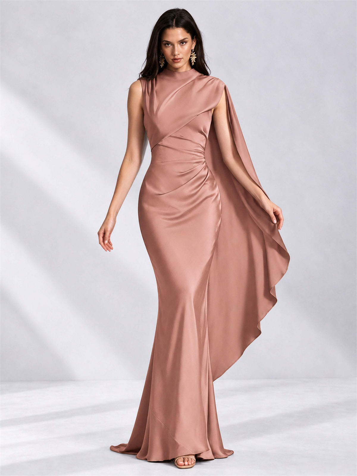 High Neck Mermaid Satin Lace Up Back Wedding Guest Dress with Cape