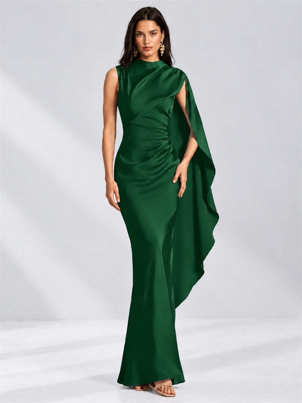 High Neck Mermaid Satin Lace Up Back Wedding Guest Dress with Cape