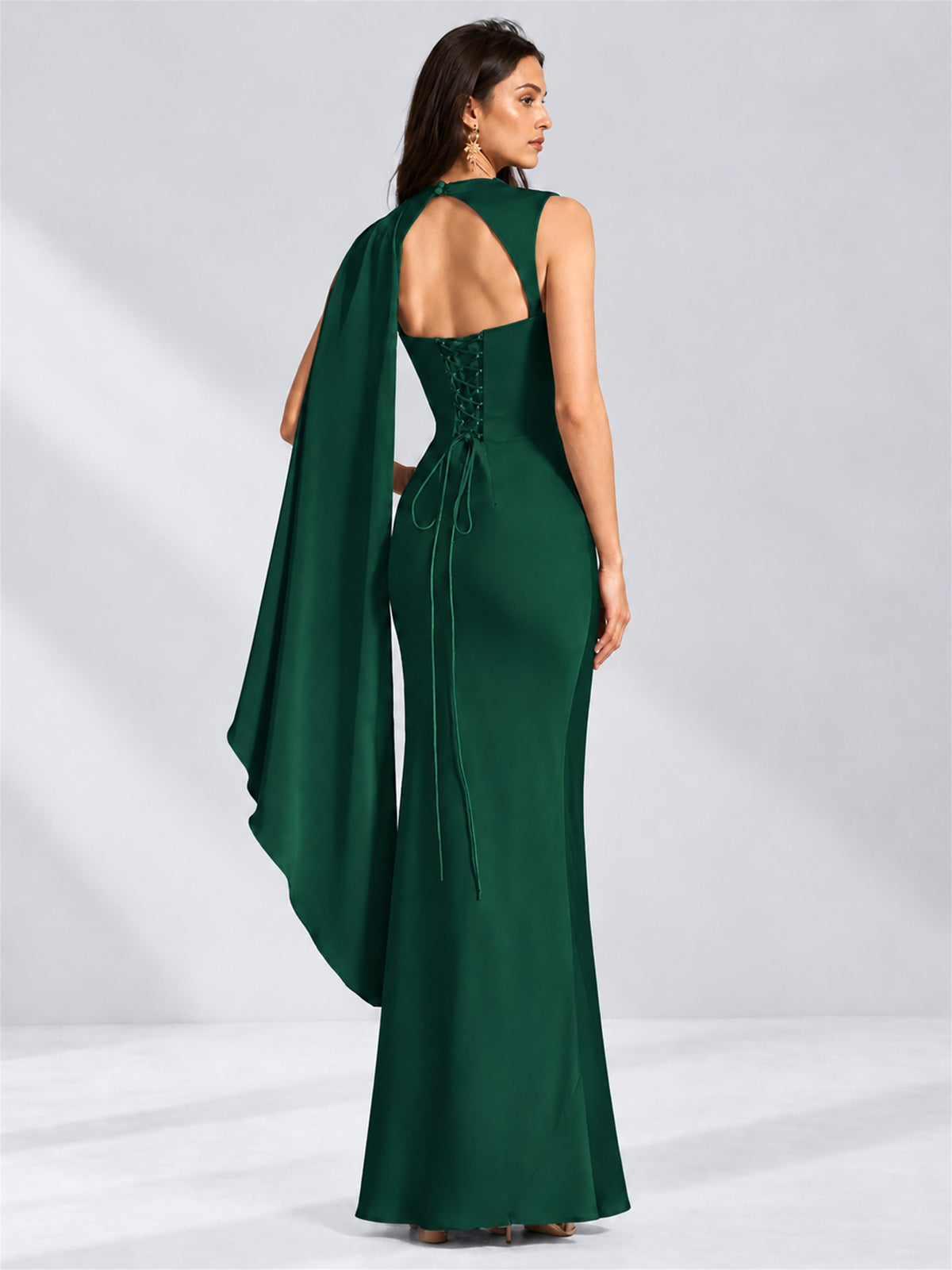 High Neck Mermaid Satin Lace Up Back Wedding Guest Dress with Cape