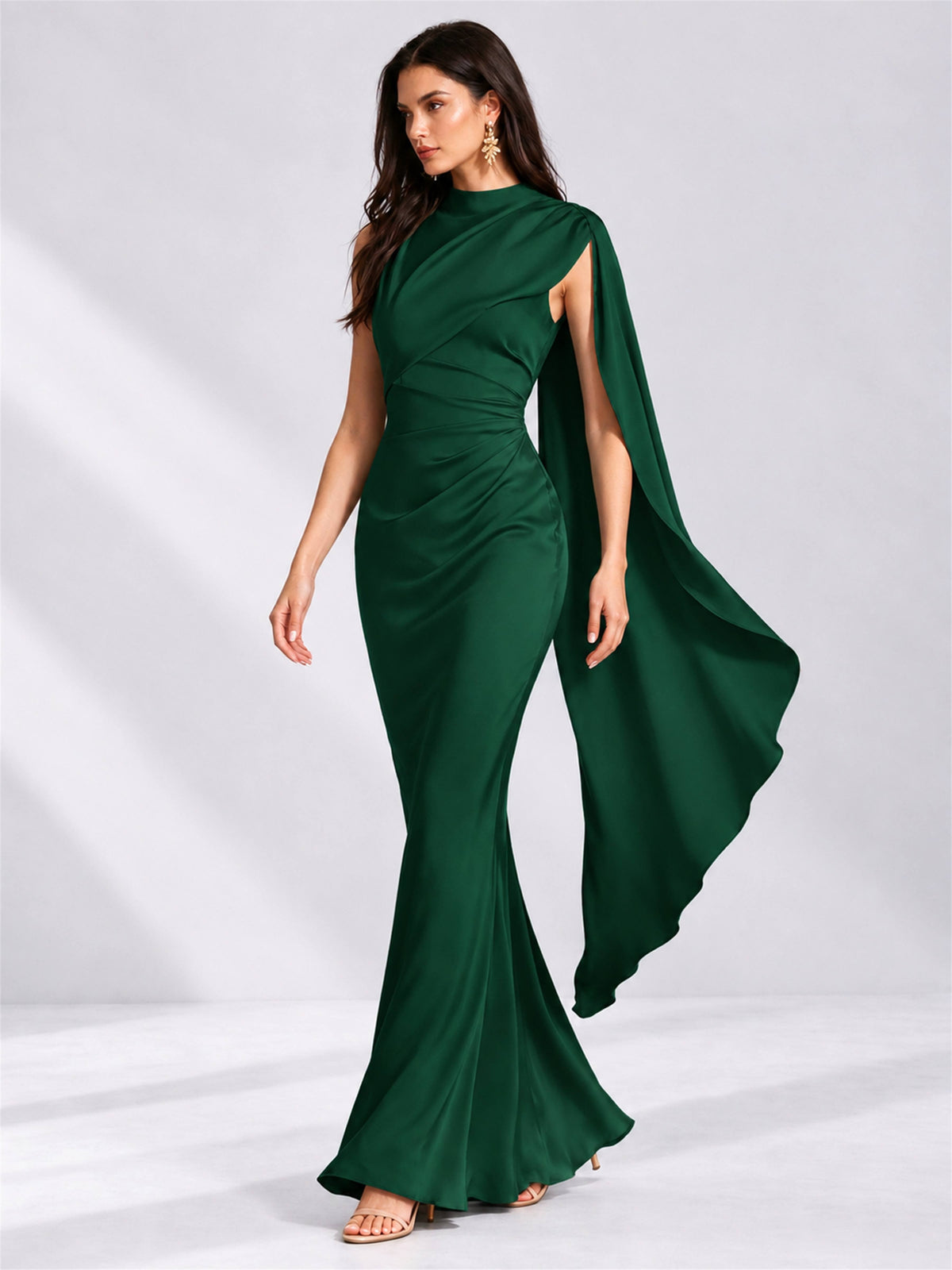 High Neck Mermaid Satin Lace Up Back Wedding Guest Dress with Cape