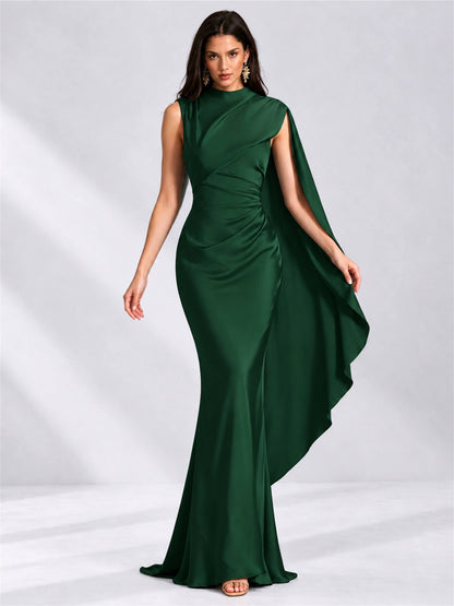 High Neck Mermaid Satin Lace Up Back Wedding Guest Dress with Cape