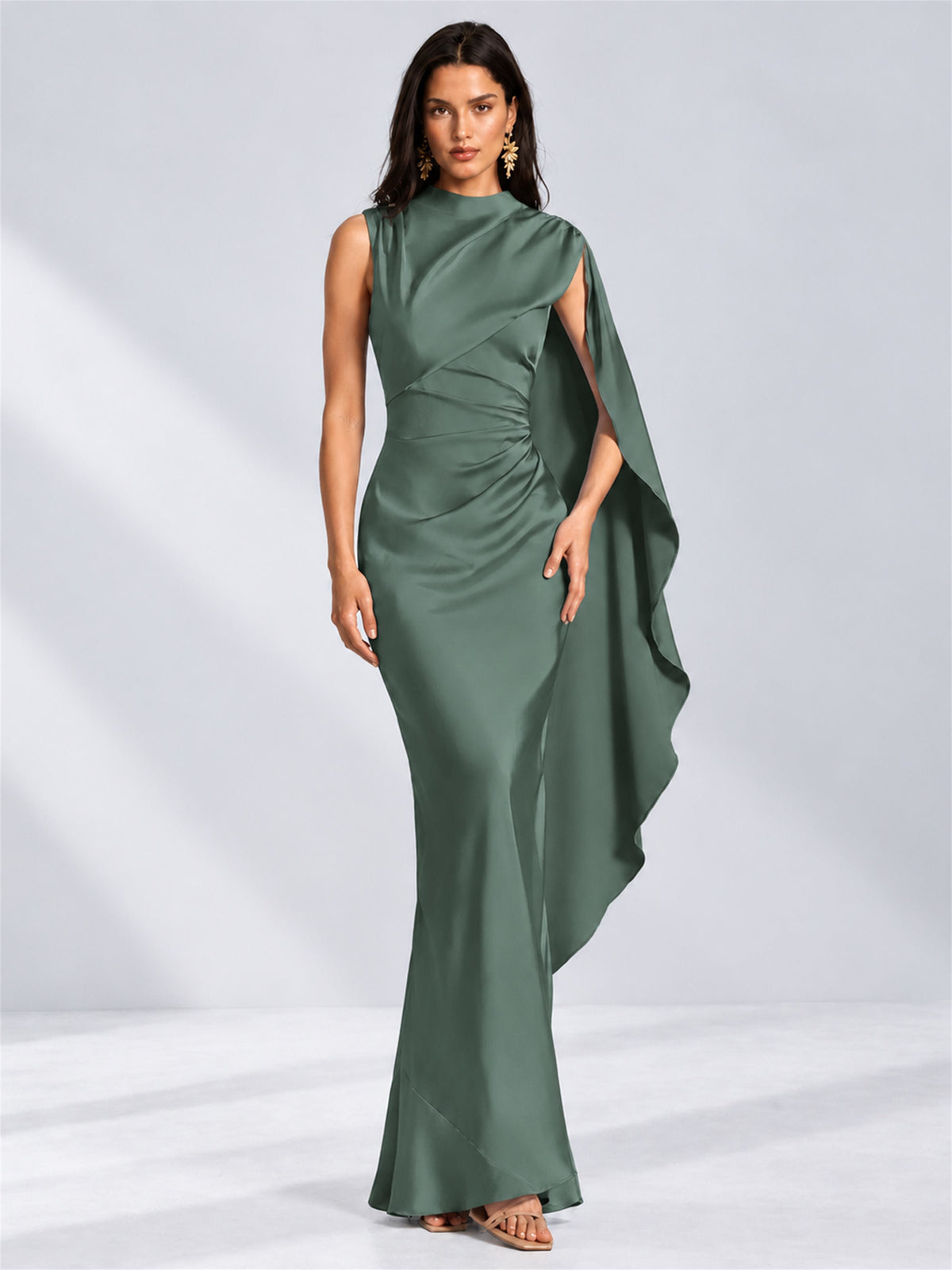 High Neck Mermaid Satin Lace Up Back Wedding Guest Dress with Cape