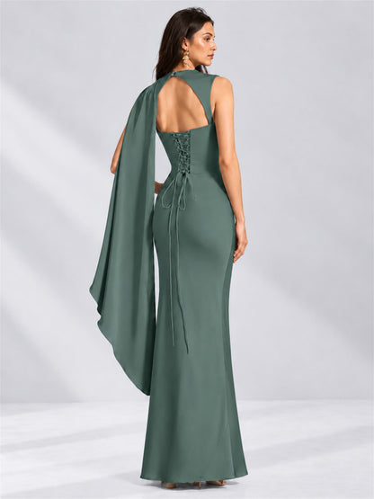 High Neck Mermaid Satin Lace Up Back Wedding Guest Dress with Cape