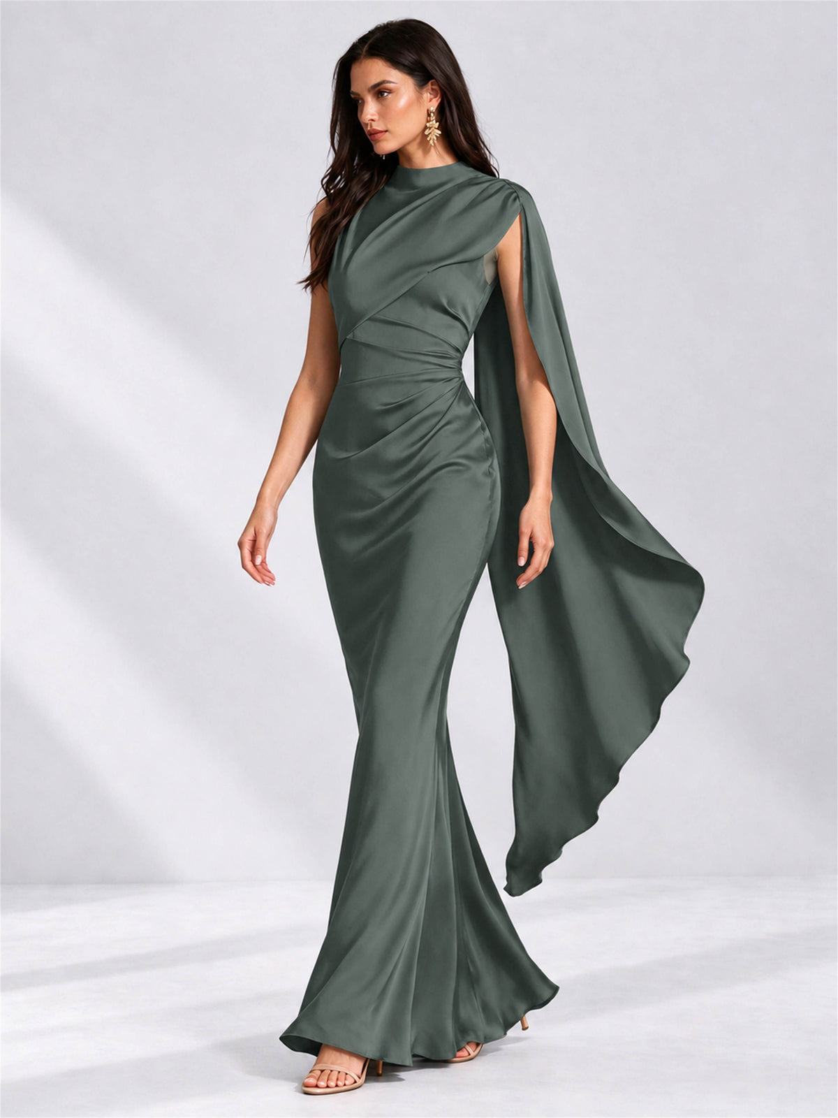 High Neck Mermaid Satin Lace Up Back Wedding Guest Dress with Cape