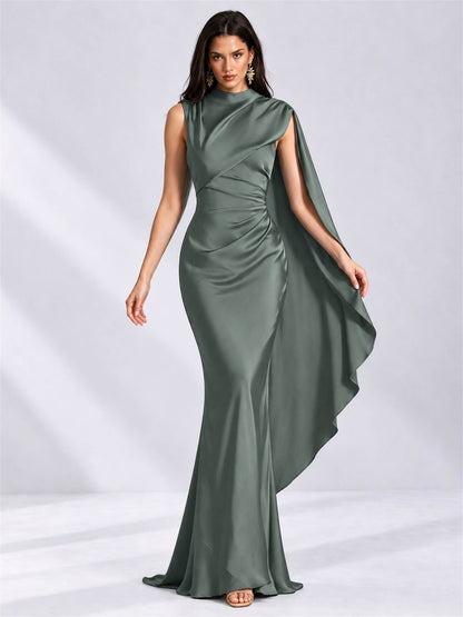 High Neck Mermaid Satin Lace Up Back Wedding Guest Dress with Cape