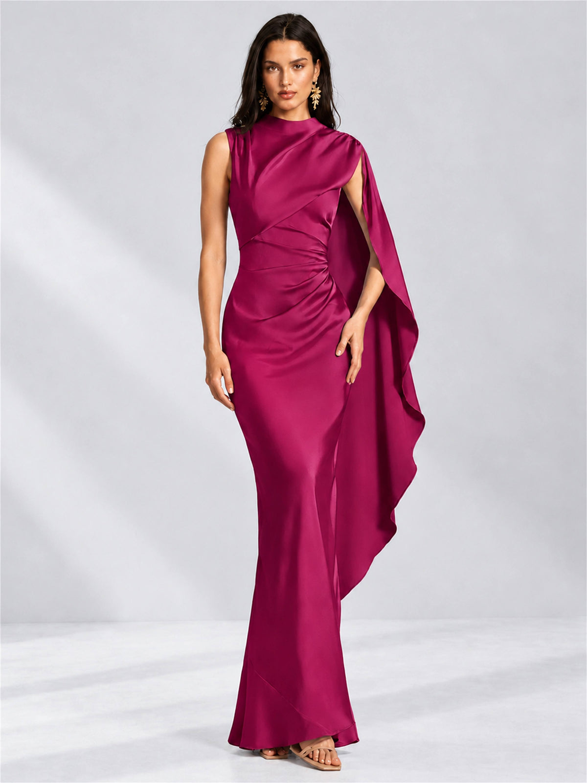 High Neck Mermaid Satin Lace Up Back Wedding Guest Dress with Cape