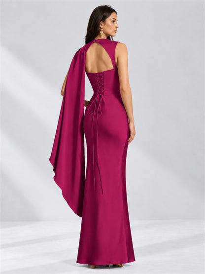 High Neck Mermaid Satin Lace Up Back Wedding Guest Dress with Cape