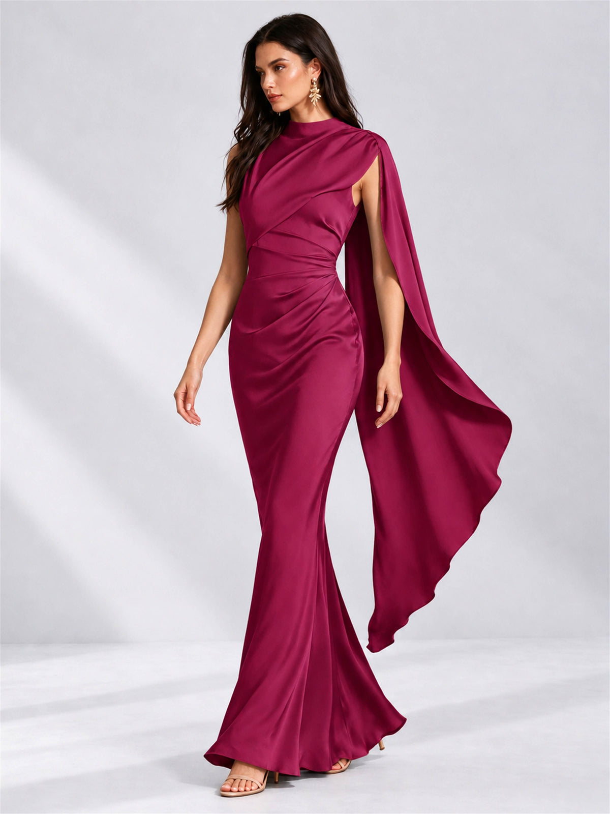High Neck Mermaid Satin Lace Up Back Wedding Guest Dress with Cape