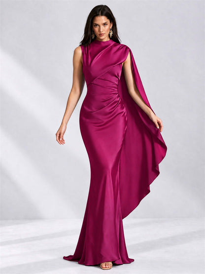 High Neck Mermaid Satin Lace Up Back Wedding Guest Dress with Cape