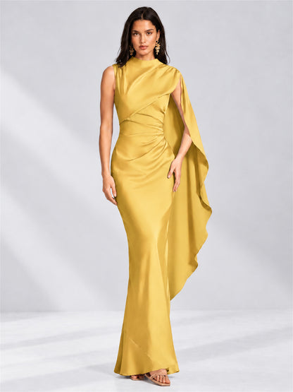 High Neck Mermaid Satin Lace Up Back Wedding Guest Dress with Cape