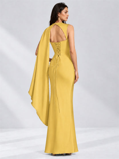 High Neck Mermaid Satin Lace Up Back Wedding Guest Dress with Cape