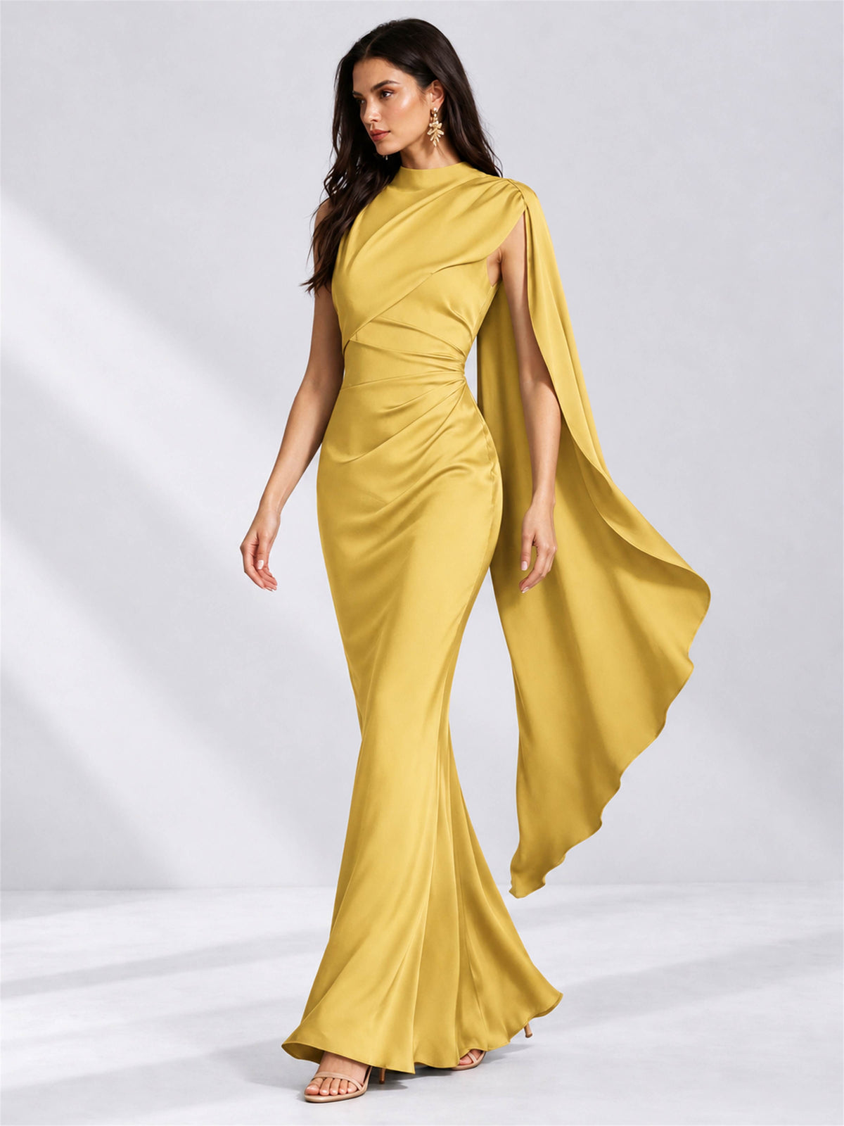 High Neck Mermaid Satin Lace Up Back Wedding Guest Dress with Cape