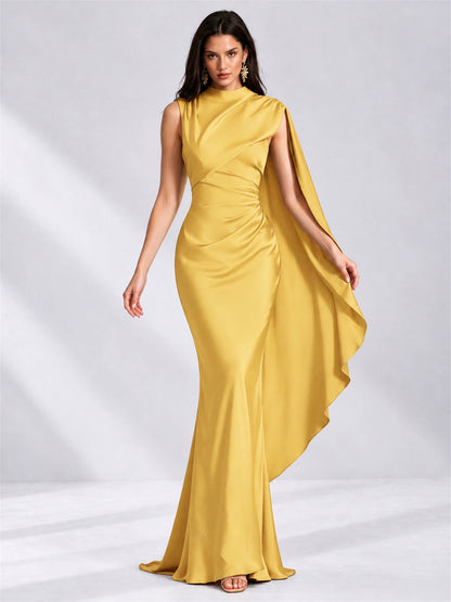High Neck Mermaid Satin Lace Up Back Wedding Guest Dress with Cape