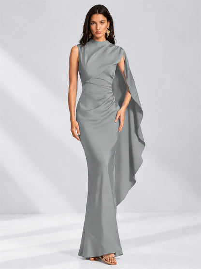 High Neck Mermaid Satin Lace Up Back Wedding Guest Dress with Cape