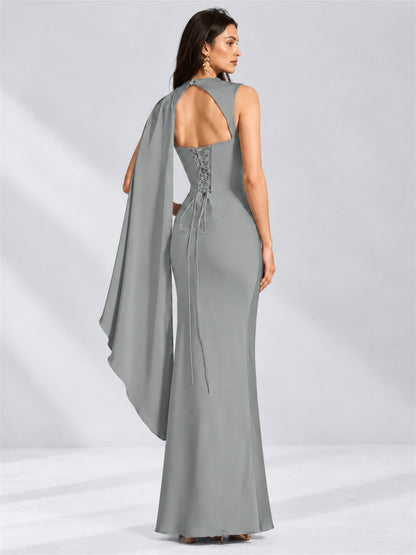 High Neck Mermaid Satin Lace Up Back Wedding Guest Dress with Cape