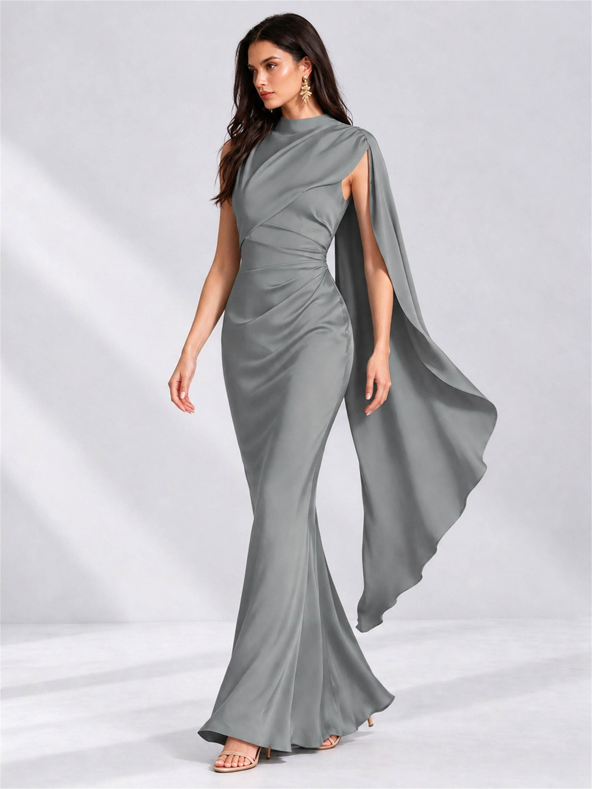 High Neck Mermaid Satin Lace Up Back Wedding Guest Dress with Cape