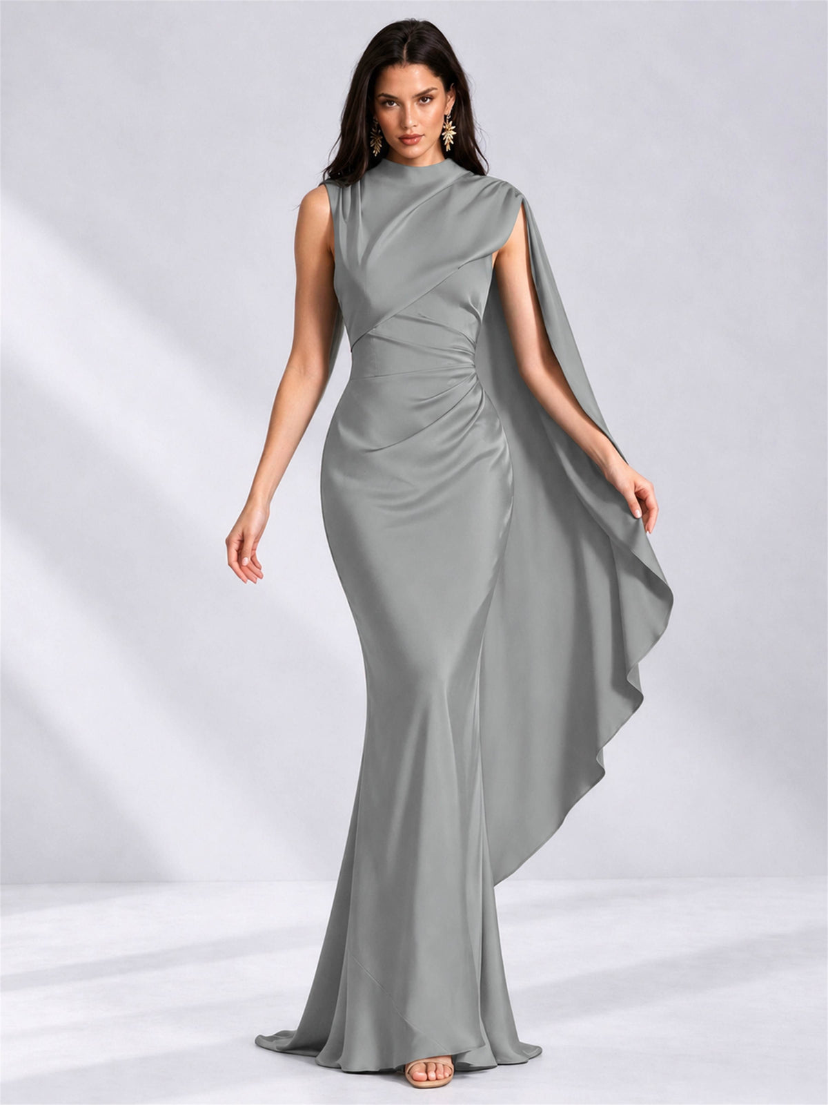 High Neck Mermaid Satin Lace Up Back Wedding Guest Dress with Cape