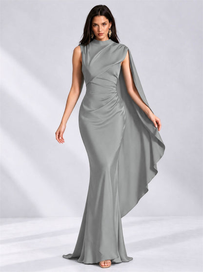 High Neck Mermaid Satin Lace Up Back Wedding Guest Dress with Cape