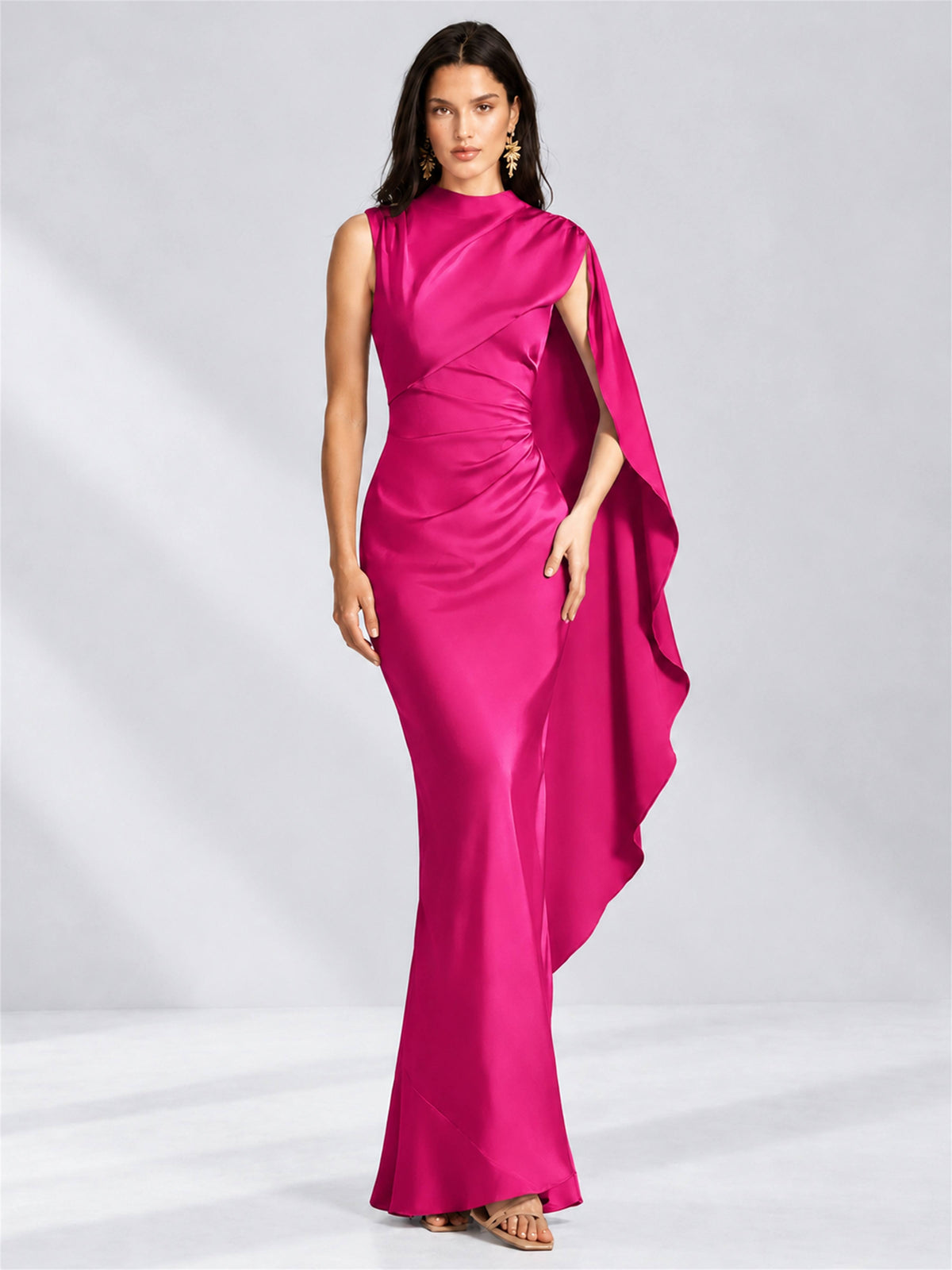 High Neck Mermaid Satin Lace Up Back Wedding Guest Dress with Cape
