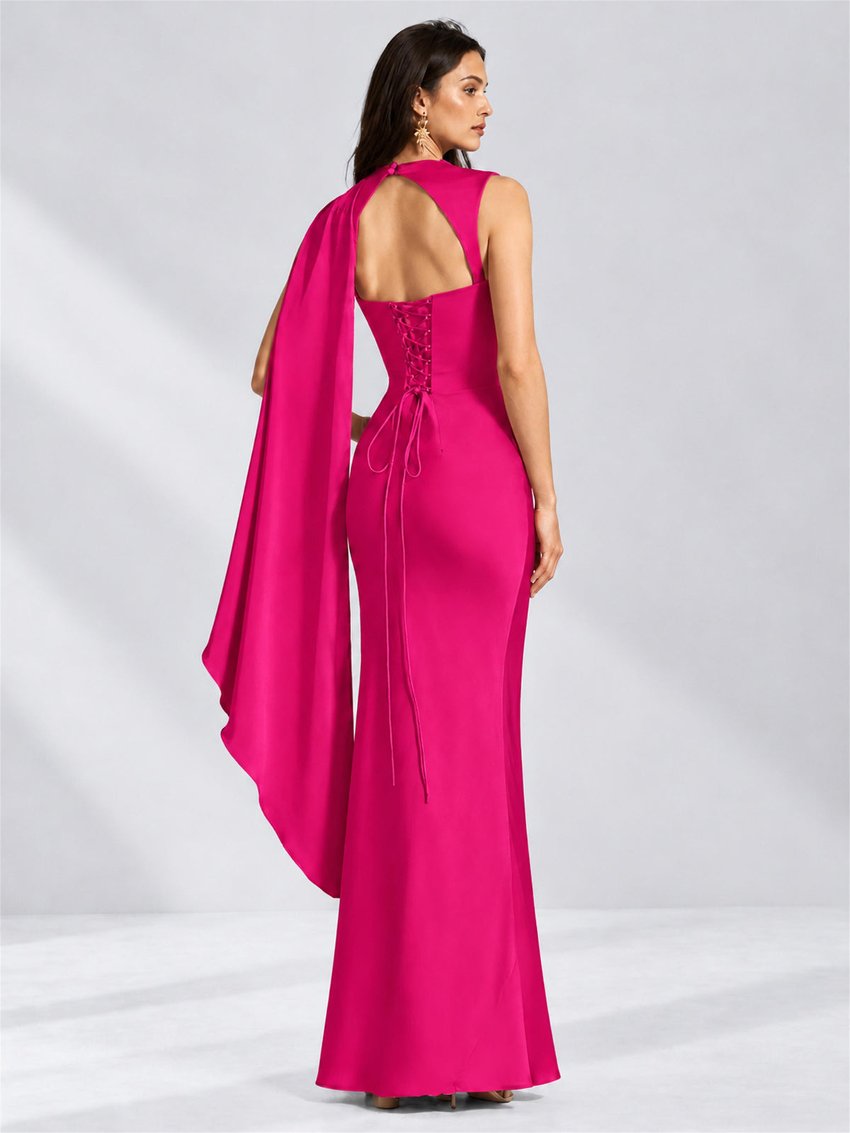 High Neck Mermaid Satin Lace Up Back Wedding Guest Dress with Cape