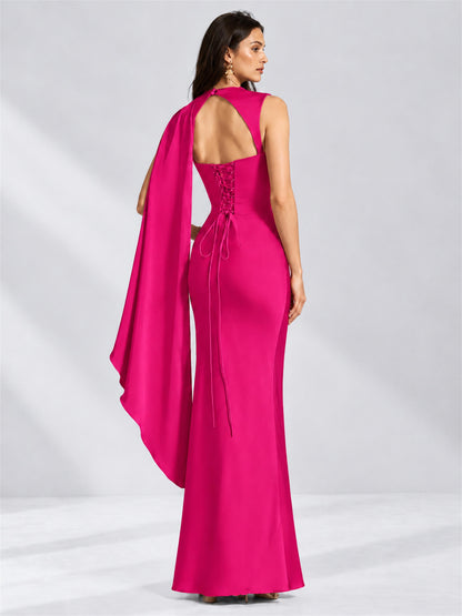High Neck Mermaid Satin Lace Up Back Wedding Guest Dress with Cape