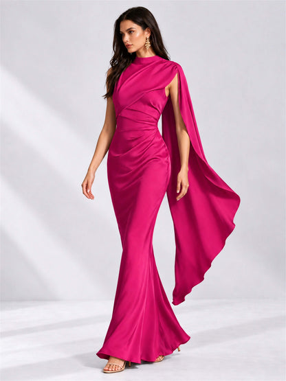High Neck Mermaid Satin Lace Up Back Wedding Guest Dress with Cape