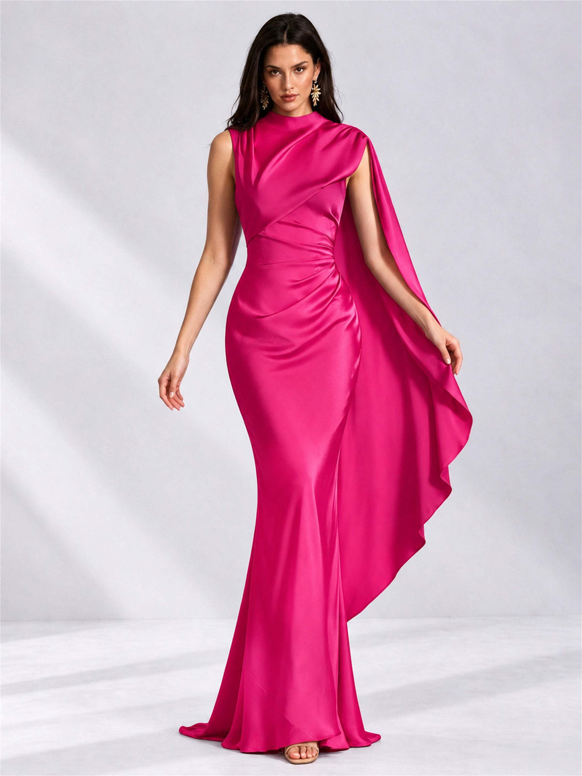 High Neck Mermaid Satin Lace Up Back Wedding Guest Dress with Cape
