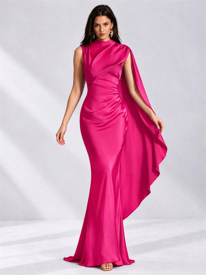 High Neck Mermaid Satin Lace Up Back Wedding Guest Dress with Cape