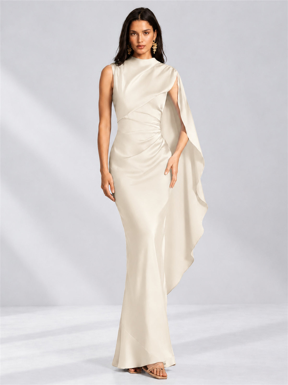 High Neck Mermaid Satin Lace Up Back Wedding Guest Dress with Cape