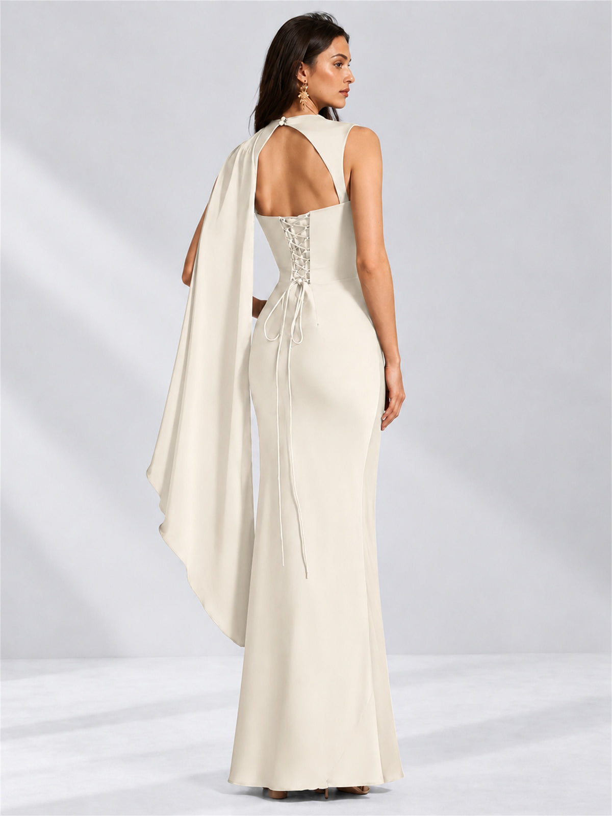 High Neck Mermaid Satin Lace Up Back Wedding Guest Dress with Cape