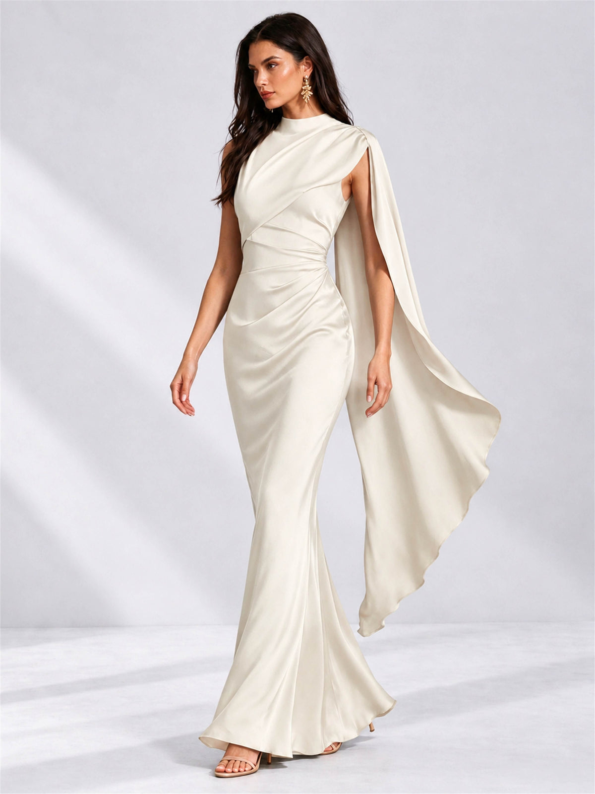 High Neck Mermaid Satin Lace Up Back Wedding Guest Dress with Cape