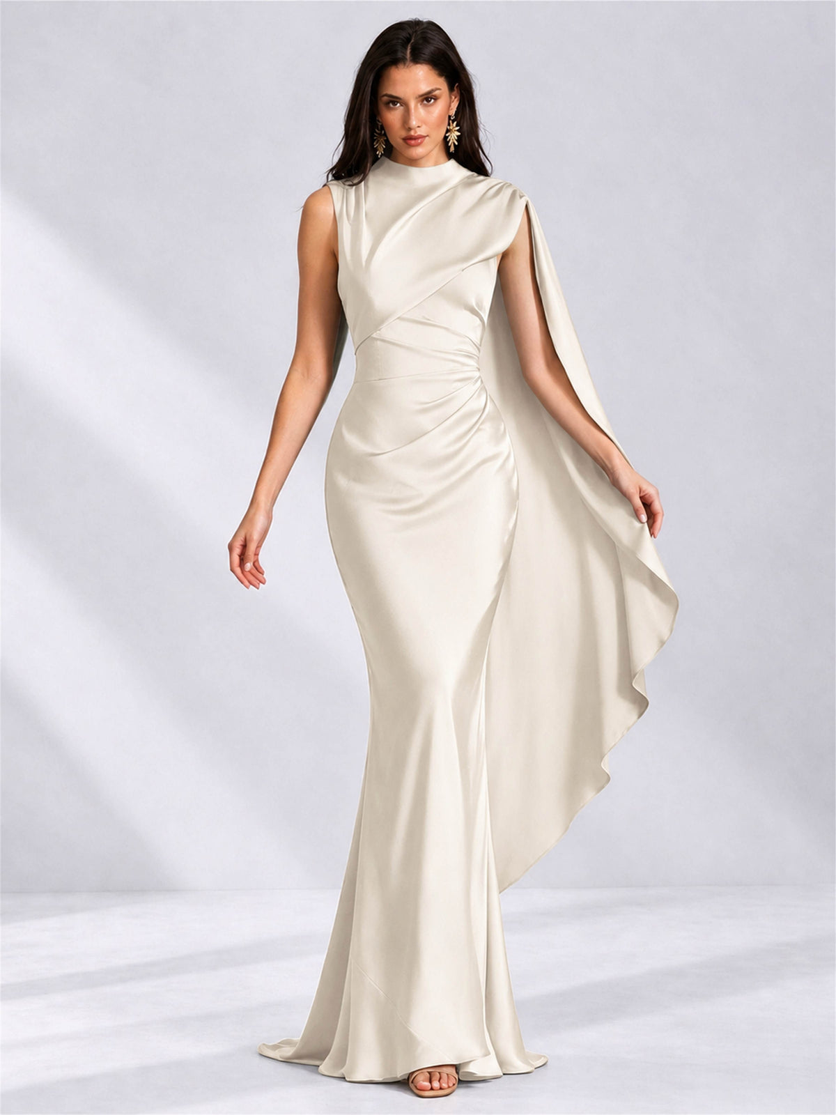 High Neck Mermaid Satin Lace Up Back Wedding Guest Dress with Cape