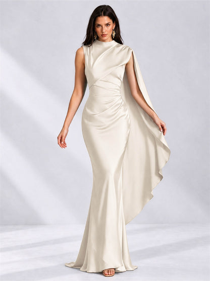 High Neck Mermaid Satin Lace Up Back Wedding Guest Dress with Cape