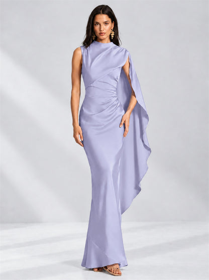 High Neck Mermaid Satin Lace Up Back Wedding Guest Dress with Cape